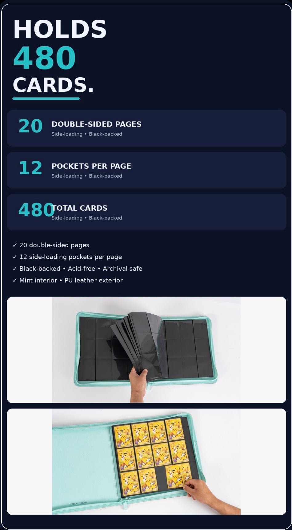 CoralGuard Premium 12 Pocket Stealth Mint 480 Card XL Binder - CoralGuard