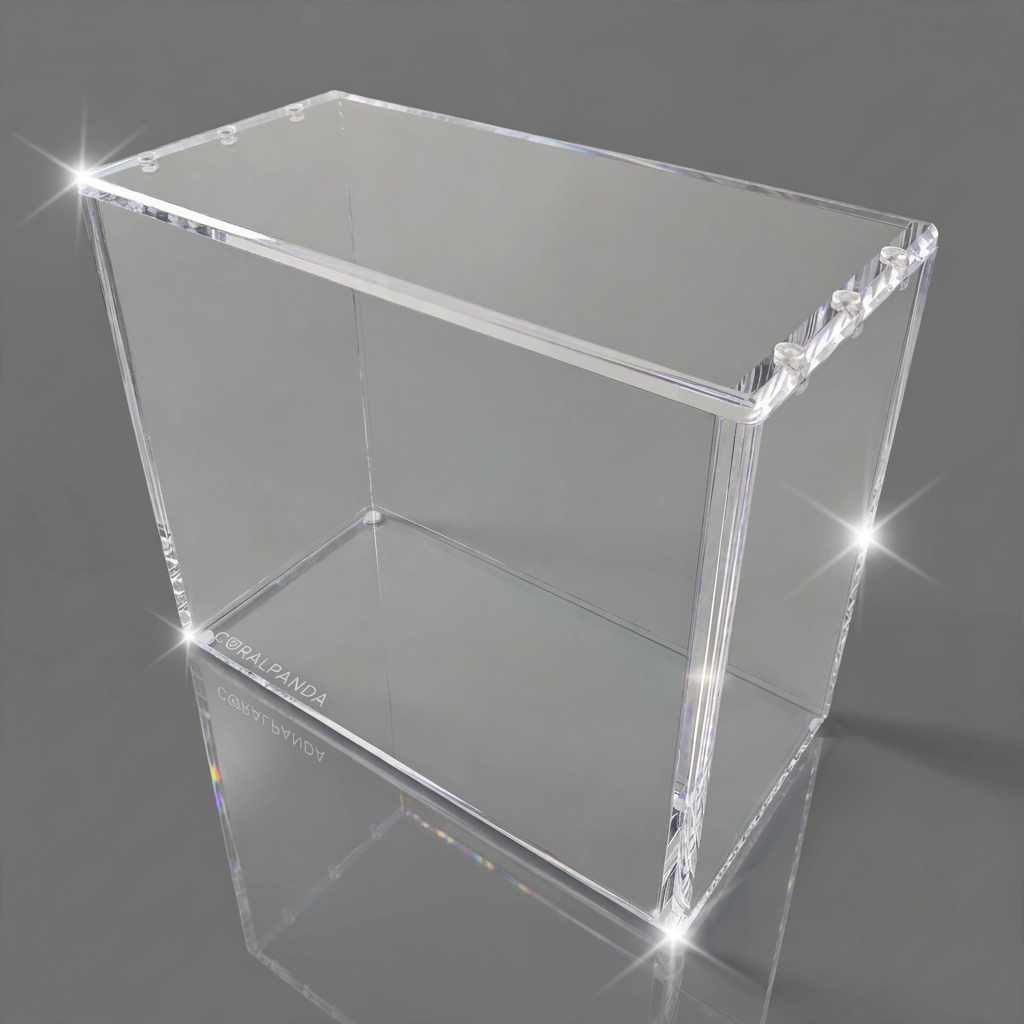 A clear acrylic or transparent plastic rectangular box with beveled edges, shown on a smooth gray reflective surface. The box is photographed at an angle with bright specular highlights and a faint reflection below.
