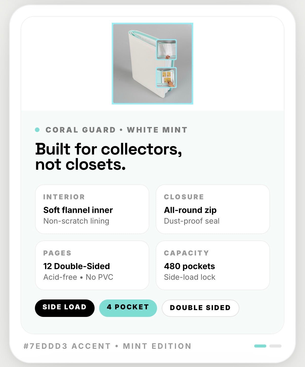 Premium Mint White 4 Pocket Top Loader Binder - CoralGuard
